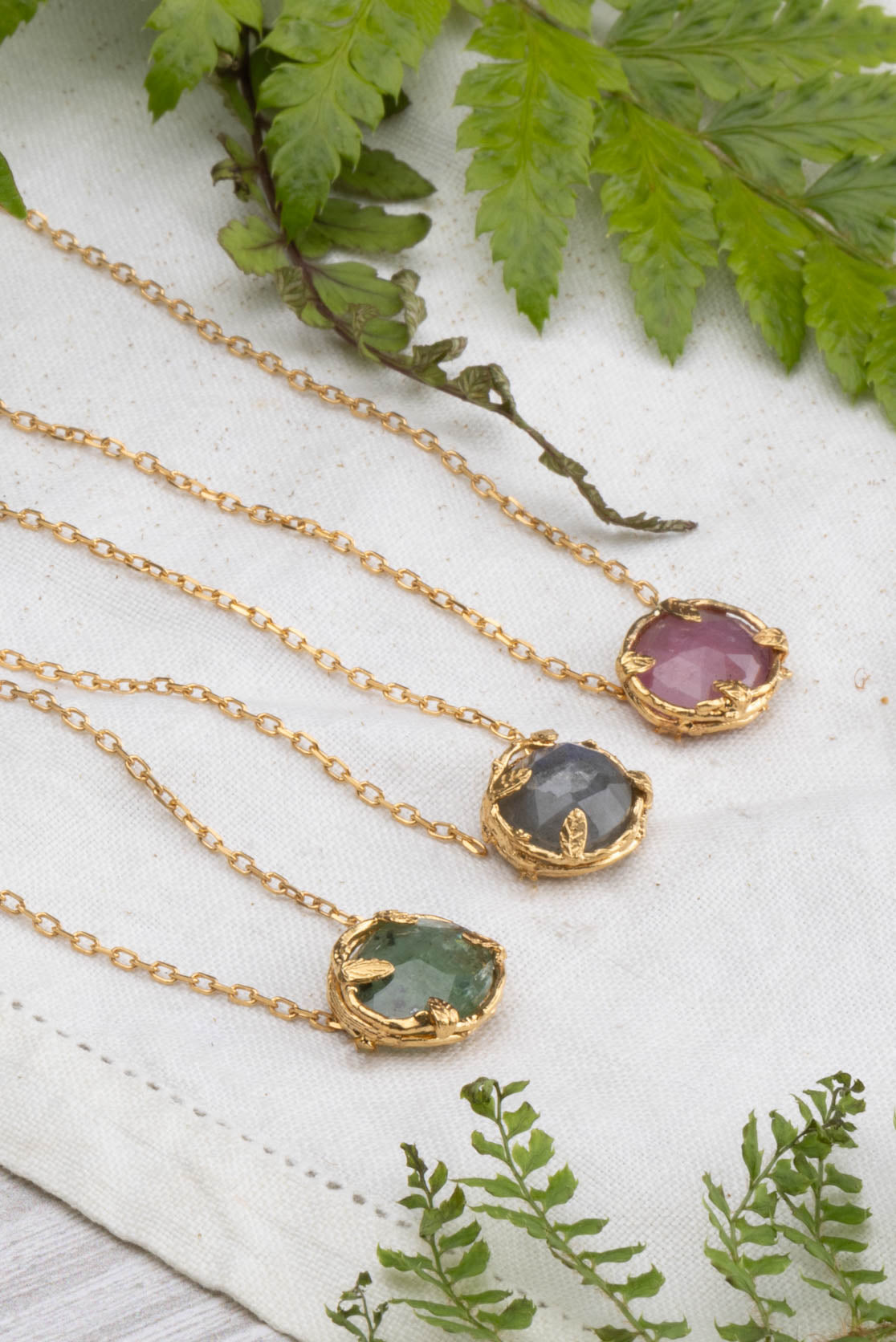 Botanical Nest Necklace with labradorite, ruby or kyanite gemstone