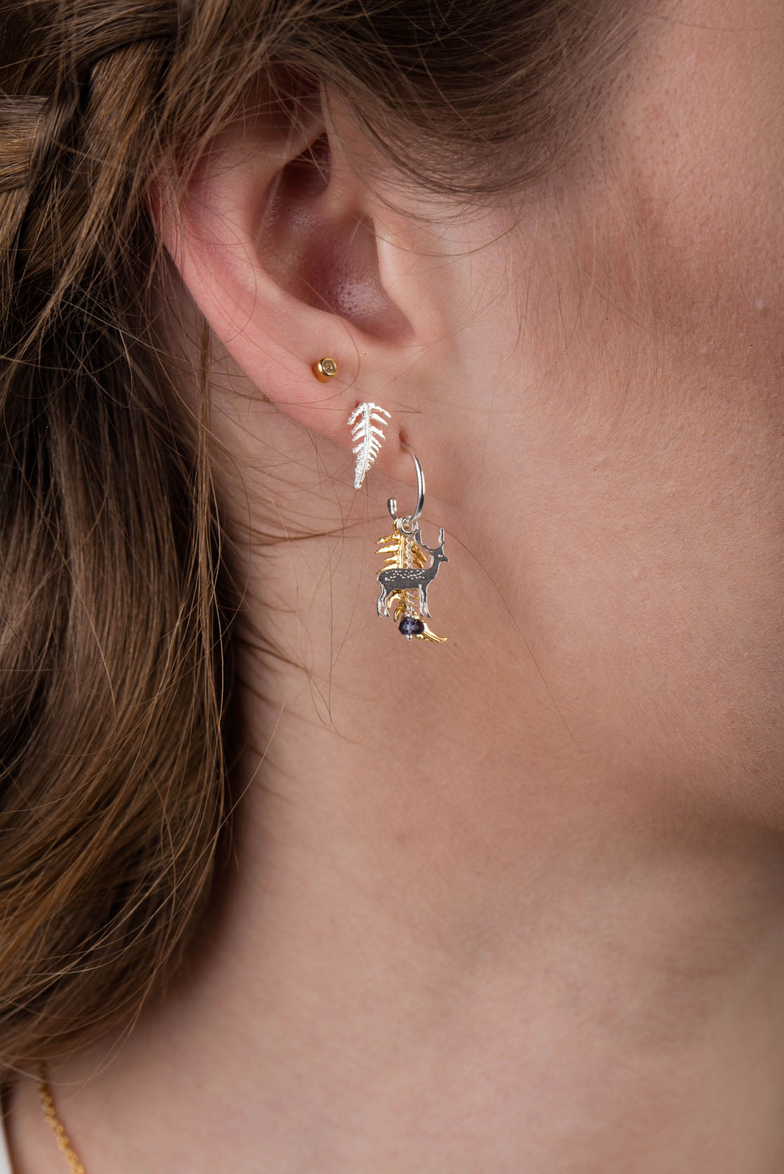 Stag and Fern Earrings on Half Hoops in Silver and Gold