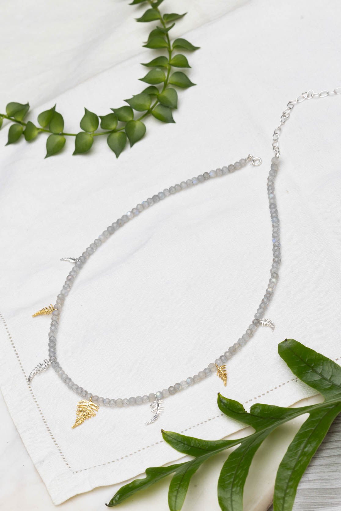 Fern Necklace In Sterling Silver And Gold Vermeil With Labradorite Beads