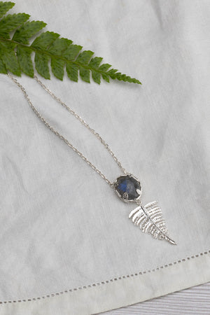 Botanical Nest Necklace With Fern Drop and labradorite, kyanite or ruby gemstone