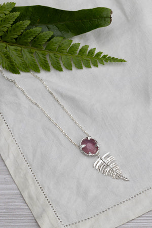 Botanical Nest Necklace With Fern Drop and labradorite, kyanite or ruby gemstone