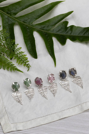 Botanical Nest Earrings With Fern Drop And Labradorite, Ruby Or Kyanite Gemstone