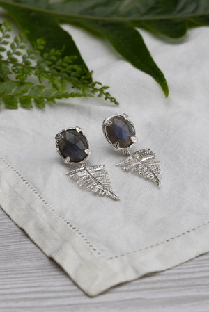 Botanical Nest Earrings With Fern Drop And Labradorite, Ruby Or Kyanite Gemstone