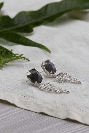 Botanical Nest Earrings With Fern Drop And Labradorite, Ruby Or Kyanite Gemstone