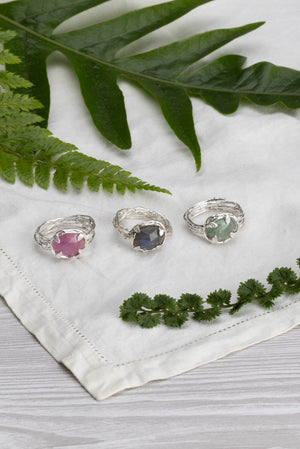 Handmade Botanical Nest Ring In Sterling Silver With Labradorite, Ruby or Kyanite Gemstone