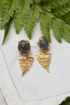 Botanical Nest Earrings With Fern Drop And Labradorite, Ruby Or Kyanite Gemstone