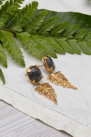 Botanical Nest Earrings With Fern Drop And Labradorite, Ruby Or Kyanite Gemstone