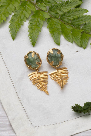 Botanical Nest Earrings With Fern Drop And Labradorite, Ruby Or Kyanite Gemstone