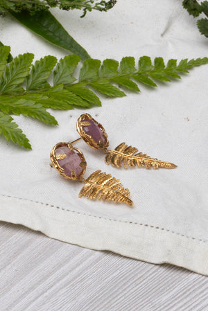 Botanical Nest Earrings With Fern Drop And Labradorite, Ruby Or Kyanite Gemstone