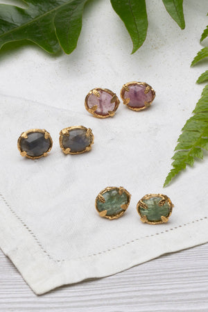 Botanical Nest Stud Earrings With Labradorite, Ruby Or Kyanite Gemstone