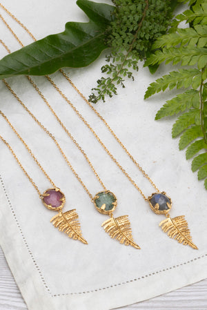 Botanical Nest Necklace With Fern Drop and labradorite, kyanite or ruby gemstone