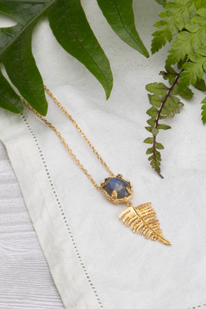 Botanical Nest Necklace With Fern Drop and labradorite, kyanite or ruby gemstone