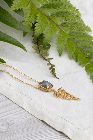 Botanical Nest Necklace With Fern Drop and labradorite, kyanite or ruby gemstone