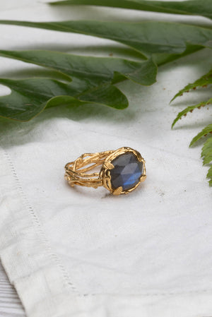 Handmade Botanical Nest Ring In Sterling Silver With Labradorite, Ruby or Kyanite Gemstone