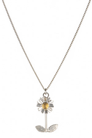 Daisy Necklace with Leaves and Stalk in Silver with Gold Plated Detail