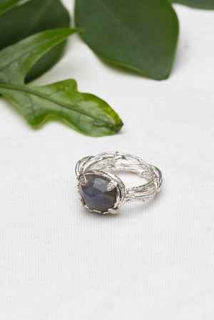 Handmade Botanical Nest Ring In Sterling Silver With Labradorite, Ruby or Kyanite Gemstone