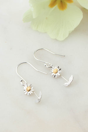 Daisy Earrings with Stalk and Leaves on Hooks