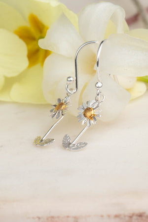 Daisy Earrings with Stalk and Leaves on Hooks
