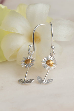 Daisy Earrings with Stalk and Leaves on Hooks