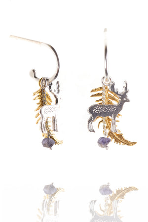 Stag and Fern Earrings on Half Hoops in Silver and Gold