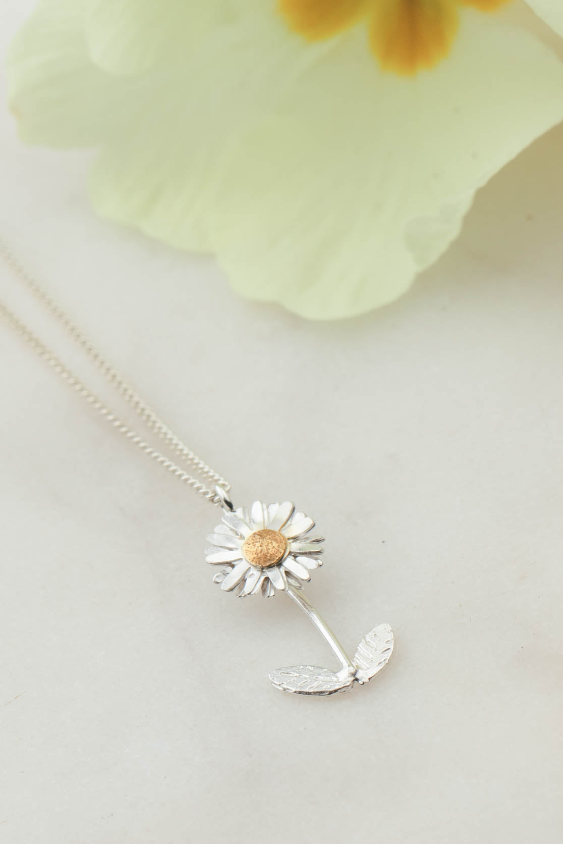 Daisy Necklace with Leaves and Stalk in Silver with Gold Plated Detail