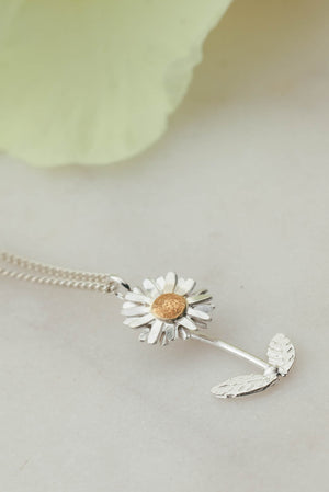 Daisy Necklace with Leaves and Stalk in Silver with Gold Plated Detail