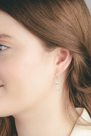 Daisy Earrings with Stalk and Leaves on Hooks